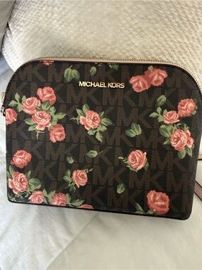 Michael Kors Brown Floral Cosmetic Case with Pink Roses